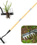 Heavy Duty 8 Tooth Iron Weeding Rake With Handle 2.0 Root Grabbing Weed Puller for lawn and garden beds, close-up of rake and handle