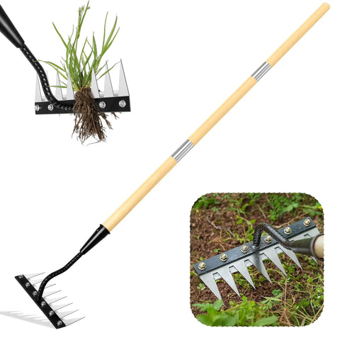 Heavy Duty 8 Tooth Iron Weeding Rake With Handle 2.0 Root Grabbing Weed Puller for lawn and garden beds, close-up of rake and handle