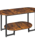 Oval Wood Coffee Table With Dual Open Storage Shelves Chill Farmhouse Vibe For Cozy Living Rooms And Home Offices Rustic Brown Finish Sturdy Base view showing top and dual shelves.