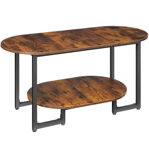 Oval Wood Coffee Table With Dual Open Storage Shelves Chill Farmhouse Vibe For Cozy Living Rooms And Home Offices Rustic Brown Finish Sturdy Base view showing top and dual shelves.
