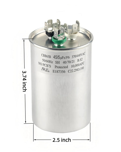 Dual Run Capacitor 45/5uF 5% MFD For Air Conditioner Outdoor Unit Condenser Fan And Heat Pump 370V 440V UL Recognized CBB65B Replacement Part
