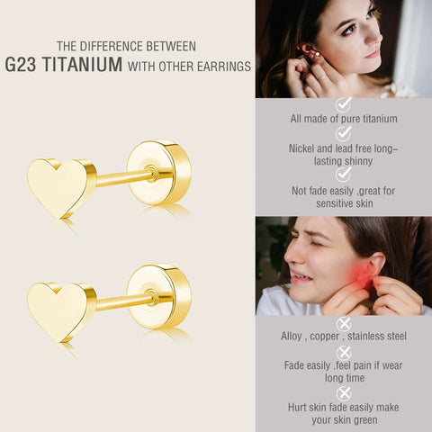 Heart Shaped Titanium Stud Earrings With Flat Back For Sensitive Ears 5mm Gold Tone Screw On Cartilage Earrings Hypoallergenic Nickel Free Lightweight Everyday Wear For Women And Men Skin Safe, gold heart stud