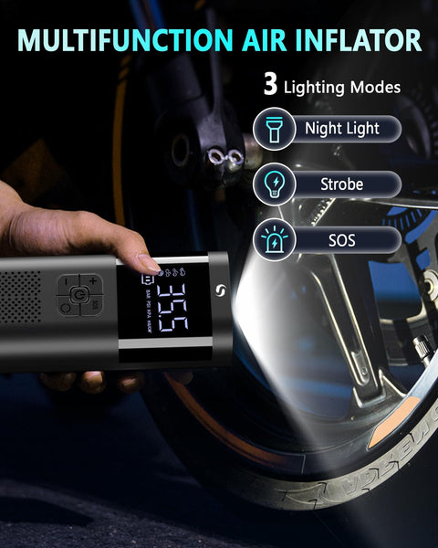 Cordless Tire Inflator Portable Air Compressor With LED Light, Auto Shutoff At Target Pressure, highlighting lighting modes