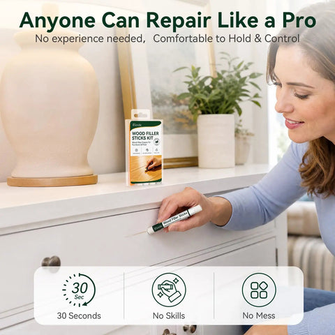 Slick White Wood Filler Sticks 4 Pack Putty for Furniture and Floor Repair used by a woman to fix scratches on a white cabinet.
