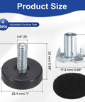 Adjustable One Quarter Inch By Twenty Thread Heavy Duty Furniture Levelers Set Black Four Pack size diagram