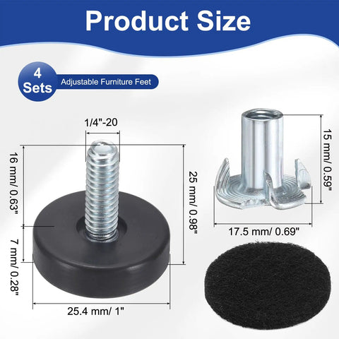 Adjustable One Quarter Inch By Twenty Thread Heavy Duty Furniture Levelers Set Black Four Pack size diagram