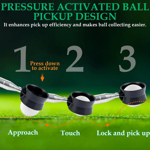 Pressure activated ball pickup design on 9Ft Telescopic Golf Ball Retriever With Stainless Steel Shaft for easy ball collection.