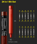 Slick 24-In-1 Mini Screwdriver Set with Eyeglass Repair Kit and Precision Bits for Tiny Screws Perfect Pocket Sidekick for Daily Chores and Road Trips in Sleek Cinnabar Red Finish, showing bits and tool size.