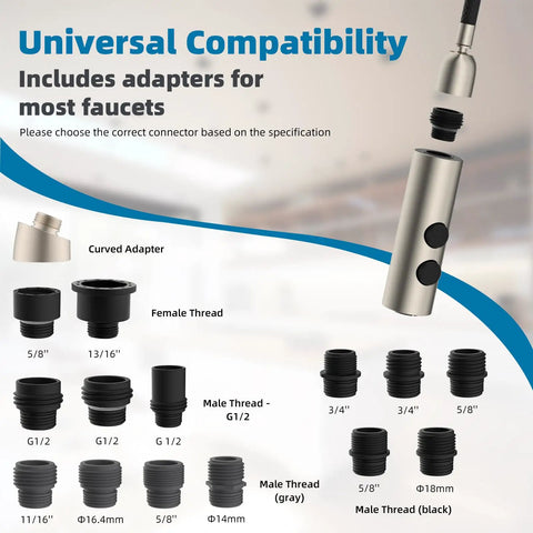 Universal compatibility image showing adapters for Heavy Duty Stainless Steel Kitchen Faucet Head Replacement.