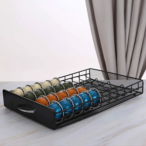 Vertuo Capsule Storage Drawer For VertuoLine Pods Metal Organizer Holds 40 Capsules, black mesh drawer on a countertop