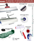 Self Leveling Concrete Tools Kit With 20 Inch Spiked Roller 9 Inch Spike Roller Self Leveling Rake Notched Squeegee Spike Shoes Extension Pole And Work Gloves For Epoxy Flooring And Cement Floors with tools and measurements.