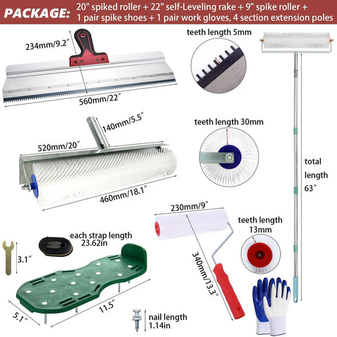 Self Leveling Concrete Tools Kit With 20 Inch Spiked Roller 9 Inch Spike Roller Self Leveling Rake Notched Squeegee Spike Shoes Extension Pole And Work Gloves For Epoxy Flooring And Cement Floors with tools and measurements.