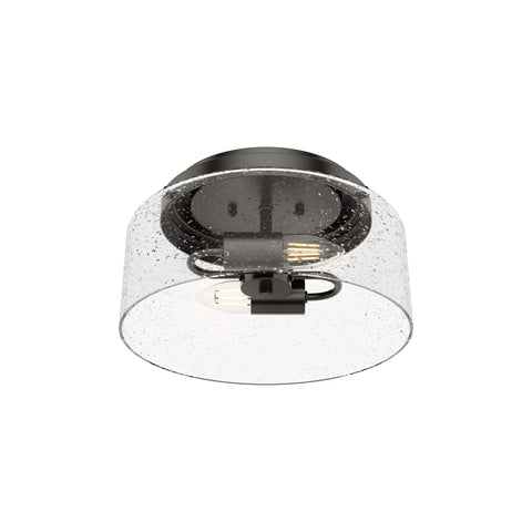 Hartland Flush Mount Ceiling Light in Noble Bronze With Seeded Glass Shade, steel fixture, ideal for kitchen or living room.