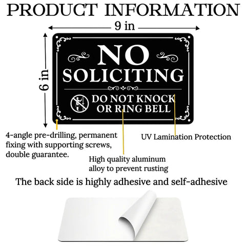 Two Pack No Soliciting Signs 9x6 Inches Aluminum Weatherproof Self Adhesive Do Not Knock Or Ring Bell Signs details