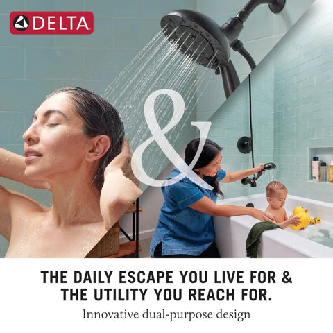 4-Setting In2ition 2-in-1 Dual Shower Head With Handheld Spray in use, matte black finish, woman showering, child in bathtub.