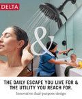 Woman using 5-Spray Touch-Clean In2ition 2-In-1 Dual Shower Head With Hose In Chrome featuring detachable handheld showerhead.