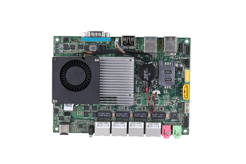 Ace Intel Core I5-5200U Mini PC Desktop With 4G Ram And 64G SSD Featuring Four Gigabit LAN Ports motherboard view with cooling fan.