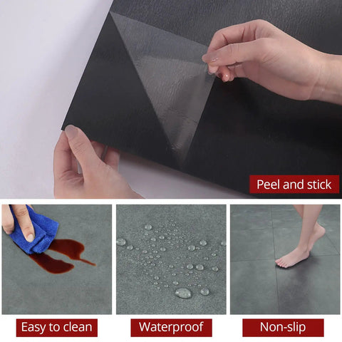 Hand peeling back Marble Grey Peel And Stick Vinyl Floor Tiles 12x12 Inch Pack Of 20 Self Adhesive Waterproof Flooring for DIY installation
