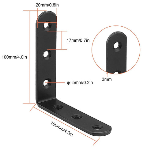 Beefy Heavy Duty 4x4 L Brackets Set for furniture, shown in black cast iron with dimensions, 6 mount holes, 3mm thick corner brace.