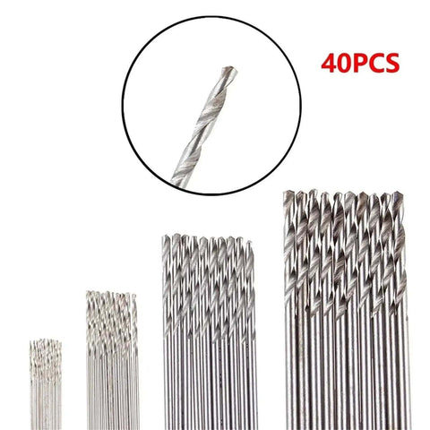 40 Piece HSS Mini Twist Drill Bit Set With Straight Shank 0.5mm 0.8mm 1.5mm 2.0mm For Electric Drill DIY Jewelry Making And PCB Work High Speed Steel Bits, showing 40 assorted bits.