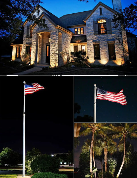 30W Outdoor LED Spotlight Waterproof Landscape Light 120V 3000LM illuminates flag poles, trees, and house at night