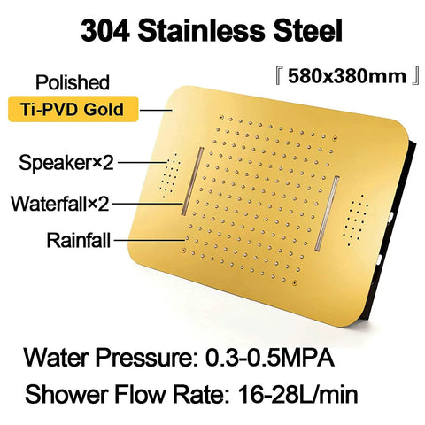 Top Shelf Thermostatic Shower System With Bumpin Bluetooth Music And Lit 64 Color LED Display Concealed PVD Gold Trim Kit featuring a polished Ti-PVD gold stainless steel shower head.