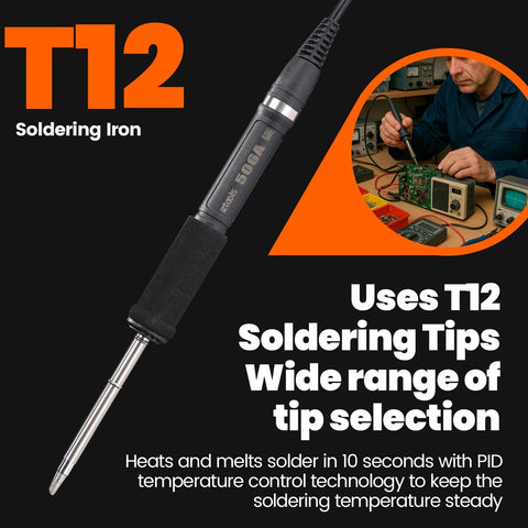 Close-up of soldering iron with T12 tip and man using Two In One Hot Air Soldering And Rework Station With T12 Tip System For Electronics
