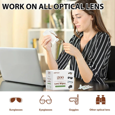 Front view of 200-count, individually wrapped lens wipes box for eyeglasses on desk; woman cleans glasses.