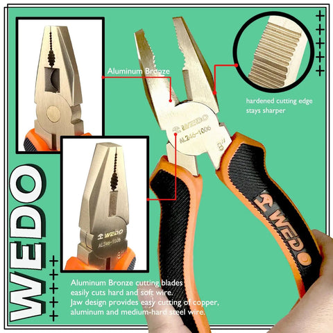 Non Sparking 62 Piece Tool Set With Sledge Hammer Ball Pein Hammer Claw Hammer Wrenches Pliers Chisels And Screwdrivers For Safe Metal Work Pro Grade Heavy Duty Beryllium Copper Non Magnetic Corrosion Resistant DIN Standard BAM Certified pliers with aluminum bronze cutting blades on green background.
