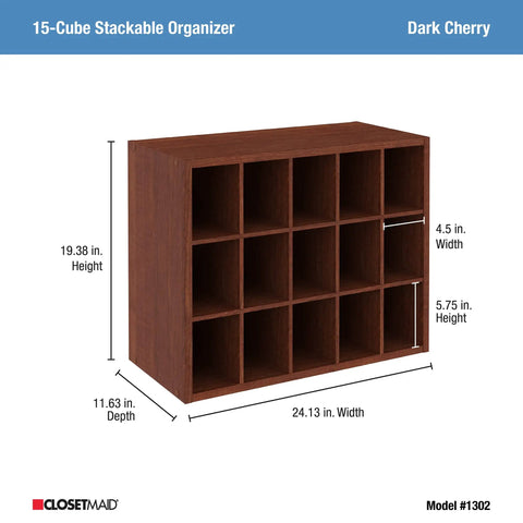 15 Cube Stackable Storage Organizer For Shoes, Bags, Crafts, And Small Gear With Wood Shelves, Dark Cherry Finish
