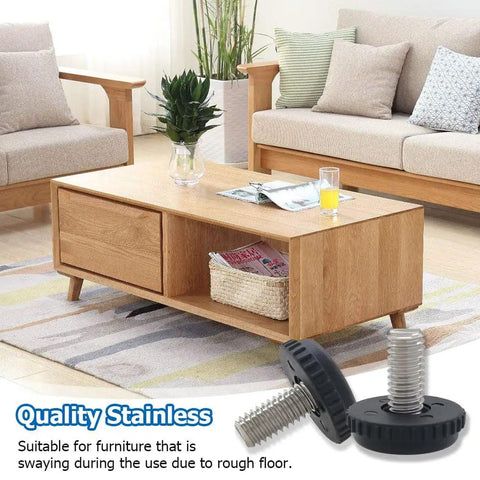 Living room with wooden coffee table and two stainless steel adjustable furniture levelers 10 pack 5/16-18 screw in threaded feet displayed.
