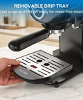 Close-up of 20 Bar Espresso Machine With Temperature Control Compact Home Coffee Maker With Steam Milk Frother drip tray.