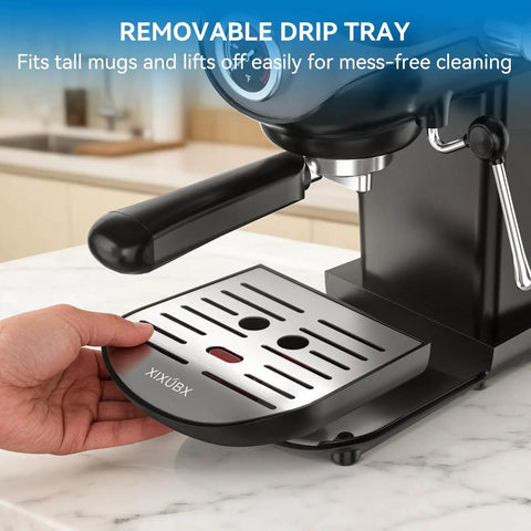 Close-up of 20 Bar Espresso Machine With Temperature Control Compact Home Coffee Maker With Steam Milk Frother drip tray.