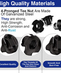 100 Pack 1/4-20 T Nuts for Wood, Black Carbon Steel 4 Prong Tee Nuts with smooth finish, anti-corrosion properties, close-up view.