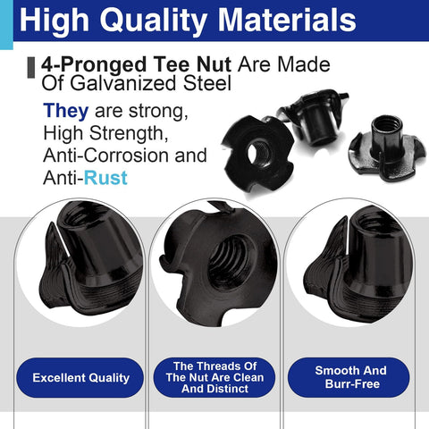 100 Pack 1/4-20 T Nuts for Wood, Black Carbon Steel 4 Prong Tee Nuts with smooth finish, anti-corrosion properties, close-up view.