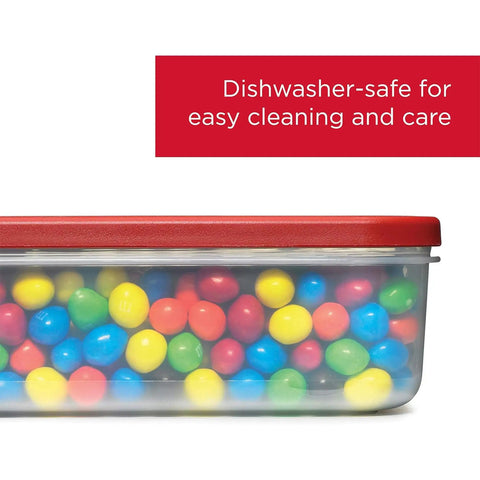 Premium Modular Food Lids For Airtight See-Through Storage Containers with red lid, clear base, holding colorful candies, side view