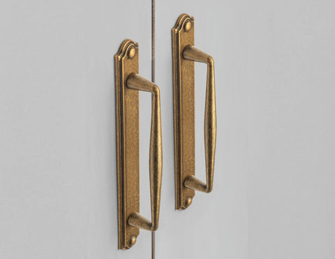 Antique Brass Zinc Alloy Cabinet Handle With Backplate 5 Inch Center To Center 128mm Hole Cabinet Pull Hardware 2 Pack installed on cabinet