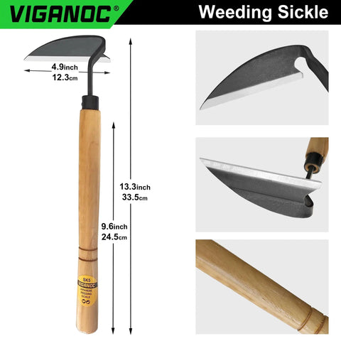 Wide Blade Garden Hoe With 9.6 Inch Wood Handle And 4.9 Inch Japanese High Carbon Steel Blade, Ultra Sharp Weeding Sickle