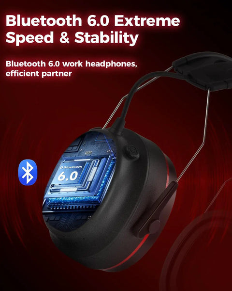 Bluetooth Hearing Protection Earmuffs With 4X Sound Amplification Gel Cushioned Ears 30dB Noise Reduction 120-Hour Playtime 6.0 Tech display