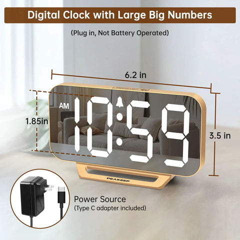 Slim Digital Mirror Alarm Clock With Gold Finish Dope LED Display For Bedroom Desk Office Or Living Room Plug In Electric Power
