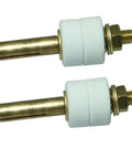 Two brass furnace resistance wire connectors with white ceramic insulators and threaded studs