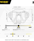 Size chart for Nano 2-Lens Dive Mask For Scuba And Freediving, Ultra Low-Profile Hydrodynamic Design, Low Volume, dimensions shown