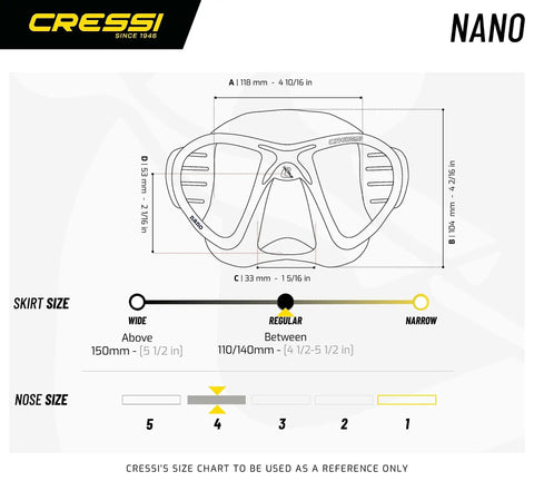 Size chart for Nano 2-Lens Dive Mask For Scuba And Freediving, Ultra Low-Profile Hydrodynamic Design, Low Volume, dimensions shown