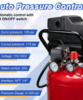 Air Compressor Pressure Switch Kit With Four Port NPT Manifold Regulator And Dual Gauges Automatic On Off Start Stop At 90 To 120 PSI 20 Amp Replacement Part For Air Compressors In Home Shop installed on red air tank