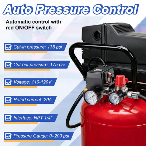 Air Compressor Pressure Switch Kit With Four Port NPT Manifold Regulator And Dual Gauges Automatic On Off Start Stop At 90 To 120 PSI 20 Amp Replacement Part For Air Compressors In Home Shop installed on red air tank