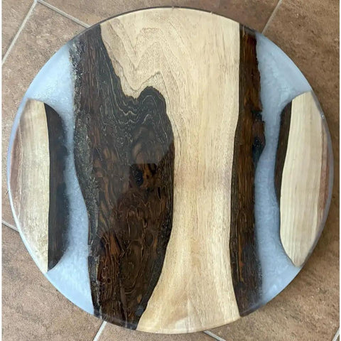 18 Inch Turntable Lazy Susan In Snazzy Walnut With Translucent White Epoxy Rivers For A Super Sleek Dining Table Pantry Kitchen Cupboard Organization And Home Decor
