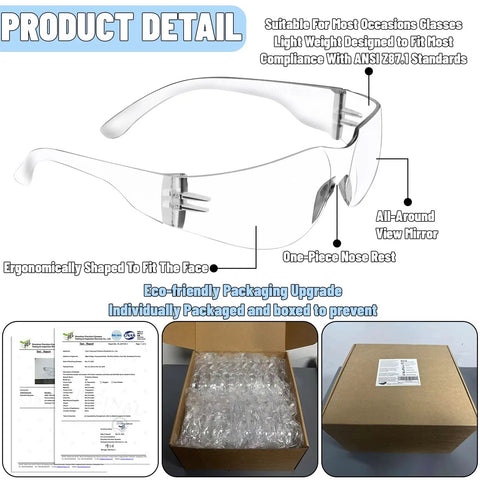 50 Pair Clear Safety Glasses ANSI Z87.1 Eye Protection For Men And Women diagram with packaging details