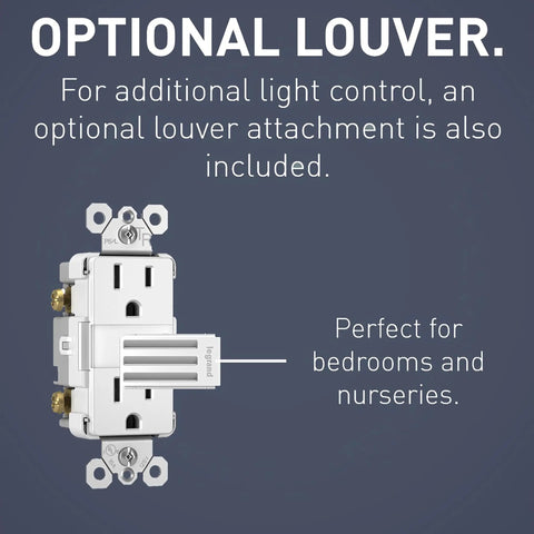 Five Level Adjustable LED Night Light Outlet In White Finish with optional louver attachment for bedrooms and nurseries.