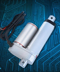 24V DC Linear Actuator Push Rod with 50mm Stroke and 750N Thrust IP54 Rated, shown on circuit background, ideal for auto lifting applications.