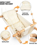 Cream colored portable baby swing with adjustable ropes and 5-point safety belt, suitable for indoor and outdoor use.